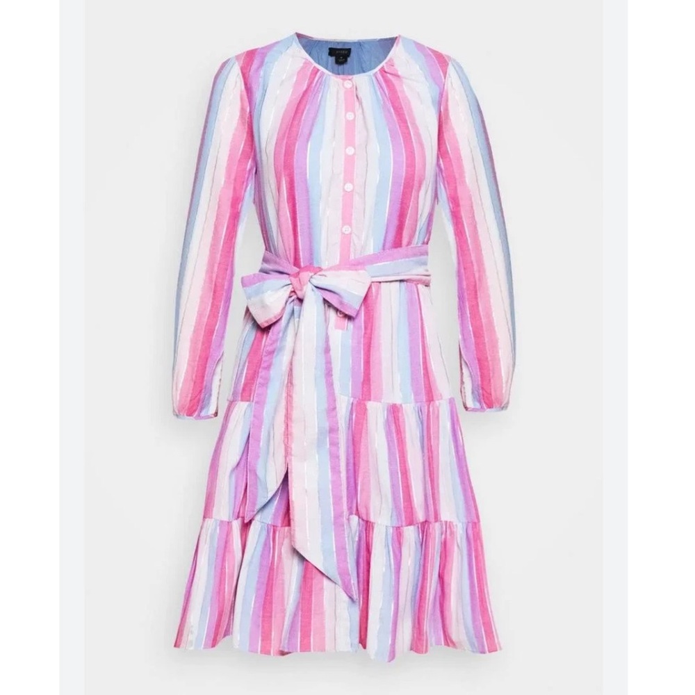 J. Crew AP188 Belted Ruffle Pink Tiered Dress Long‎ Sleeve